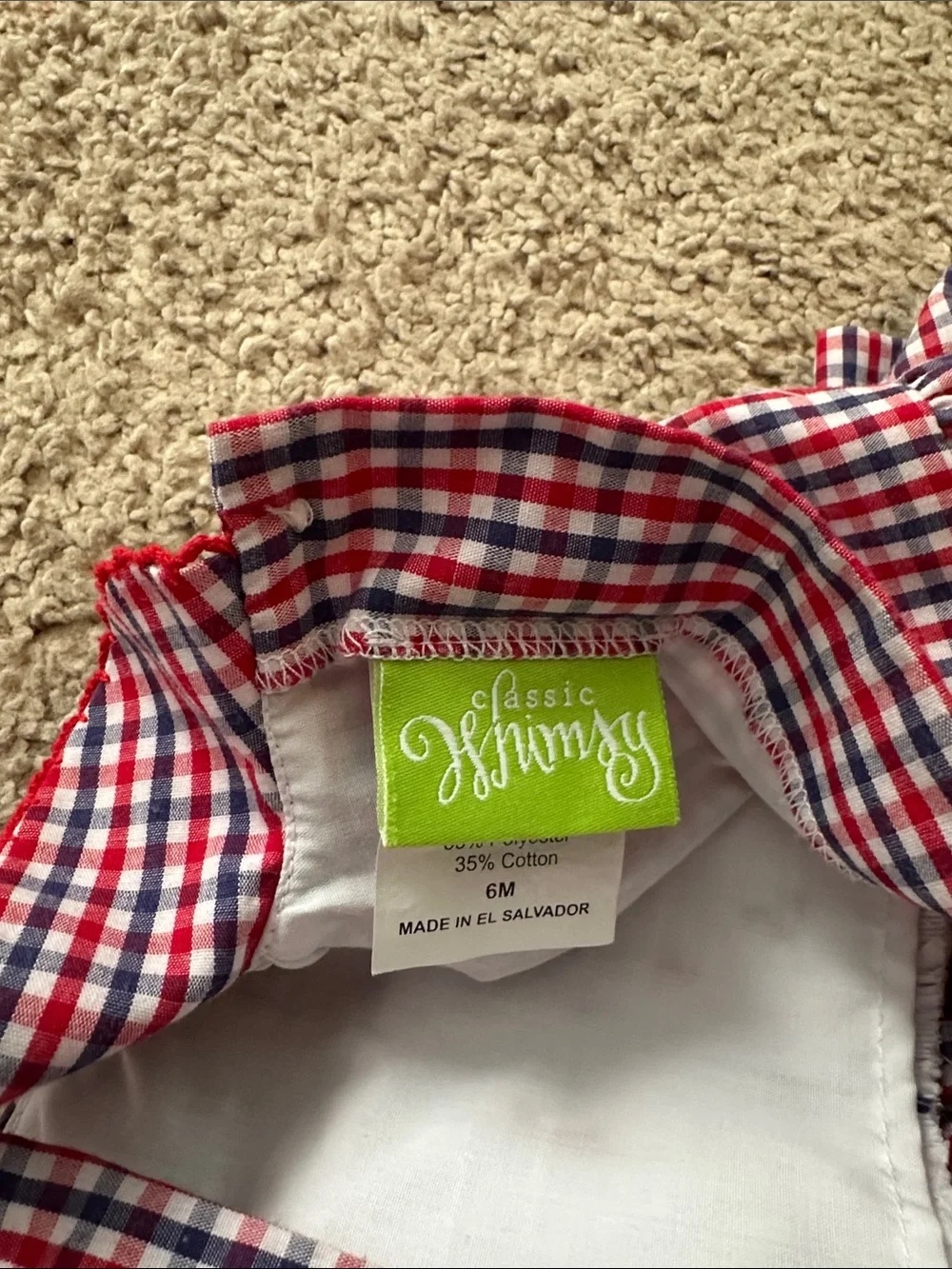 Red, White & Blue Gingham Smocked Baby Dress with smocked American flags